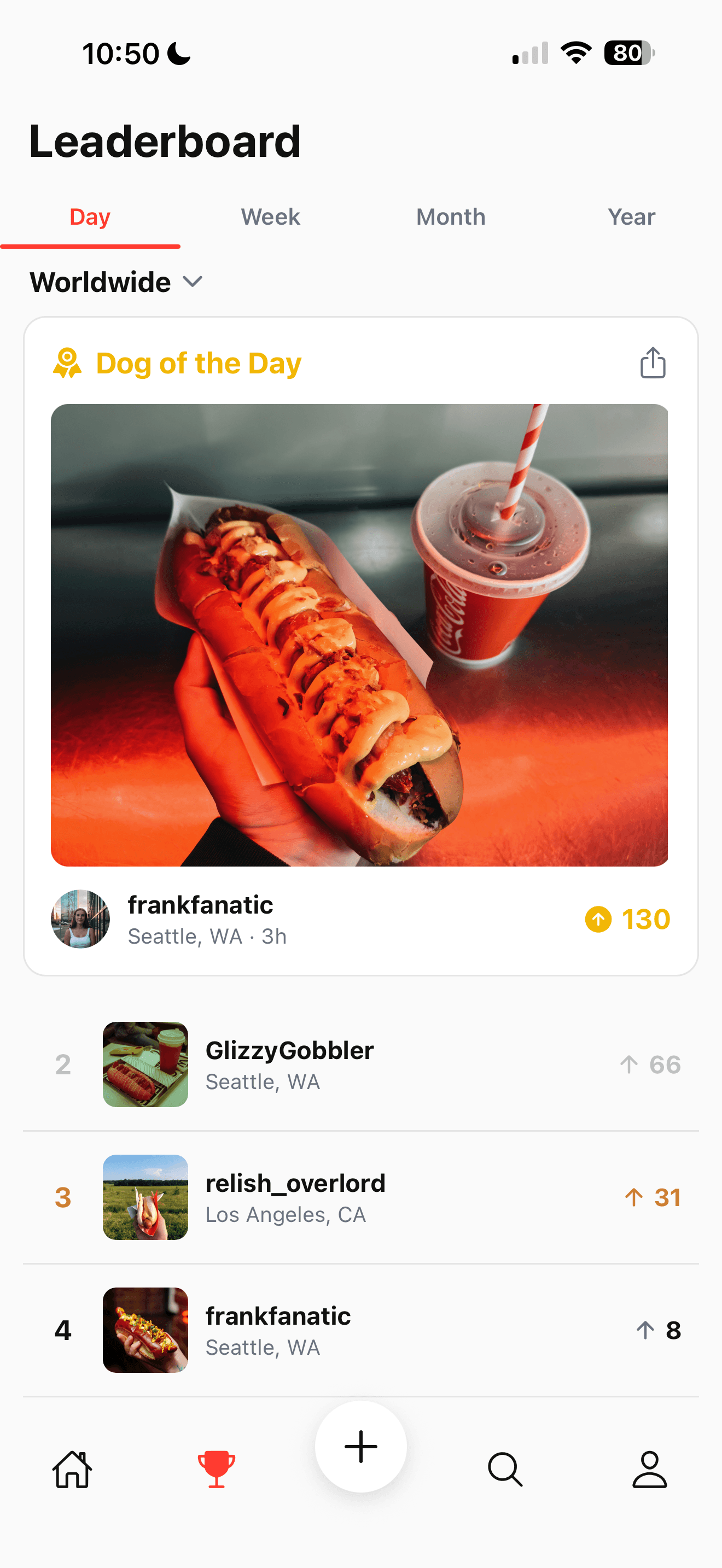 Glizzy worldwide leaderboard showing top hot dog posts